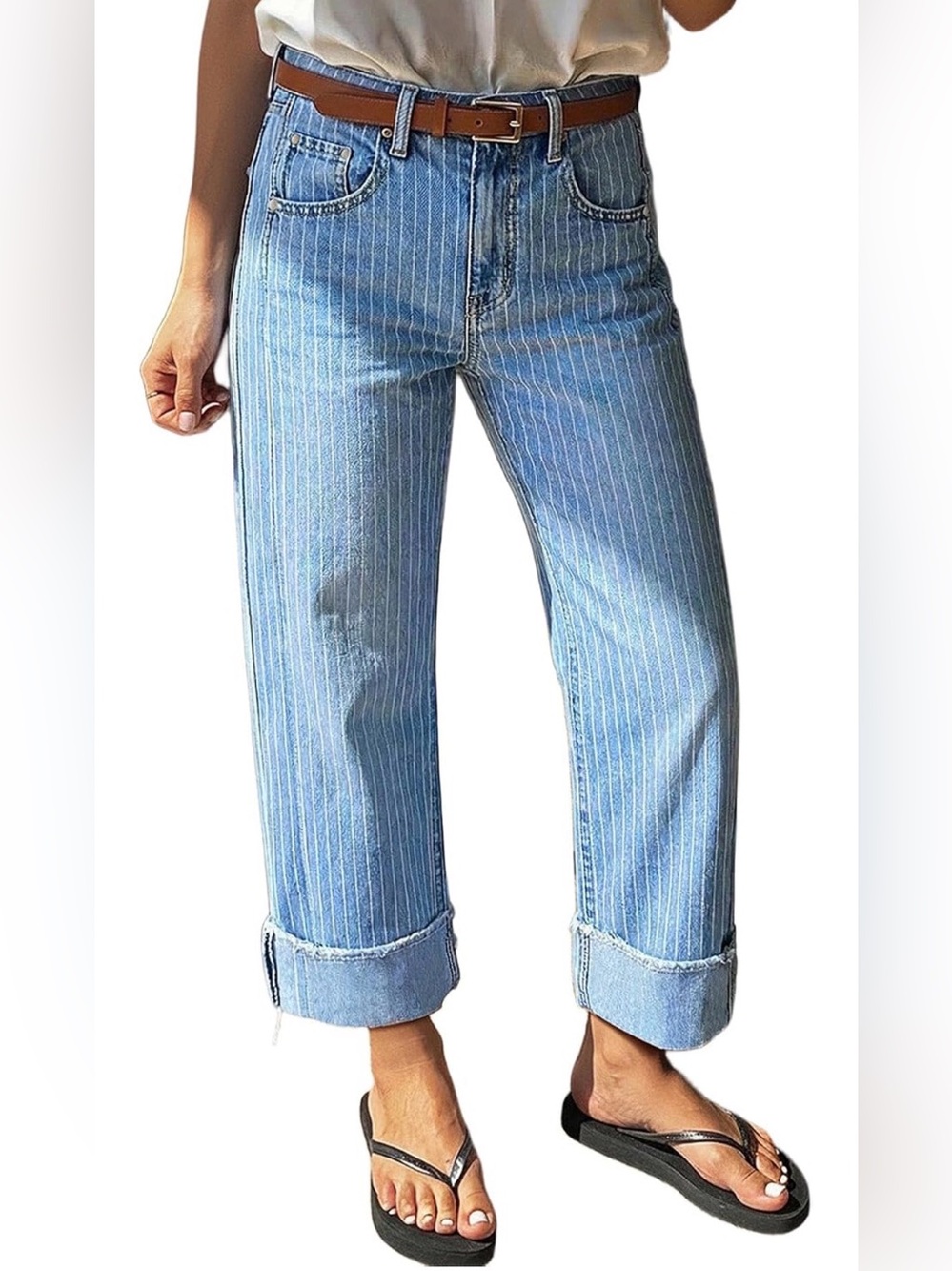 Flamingals Straight Leg Mid Rise Striped Roll Hem Trendy Jeans M PS4-31